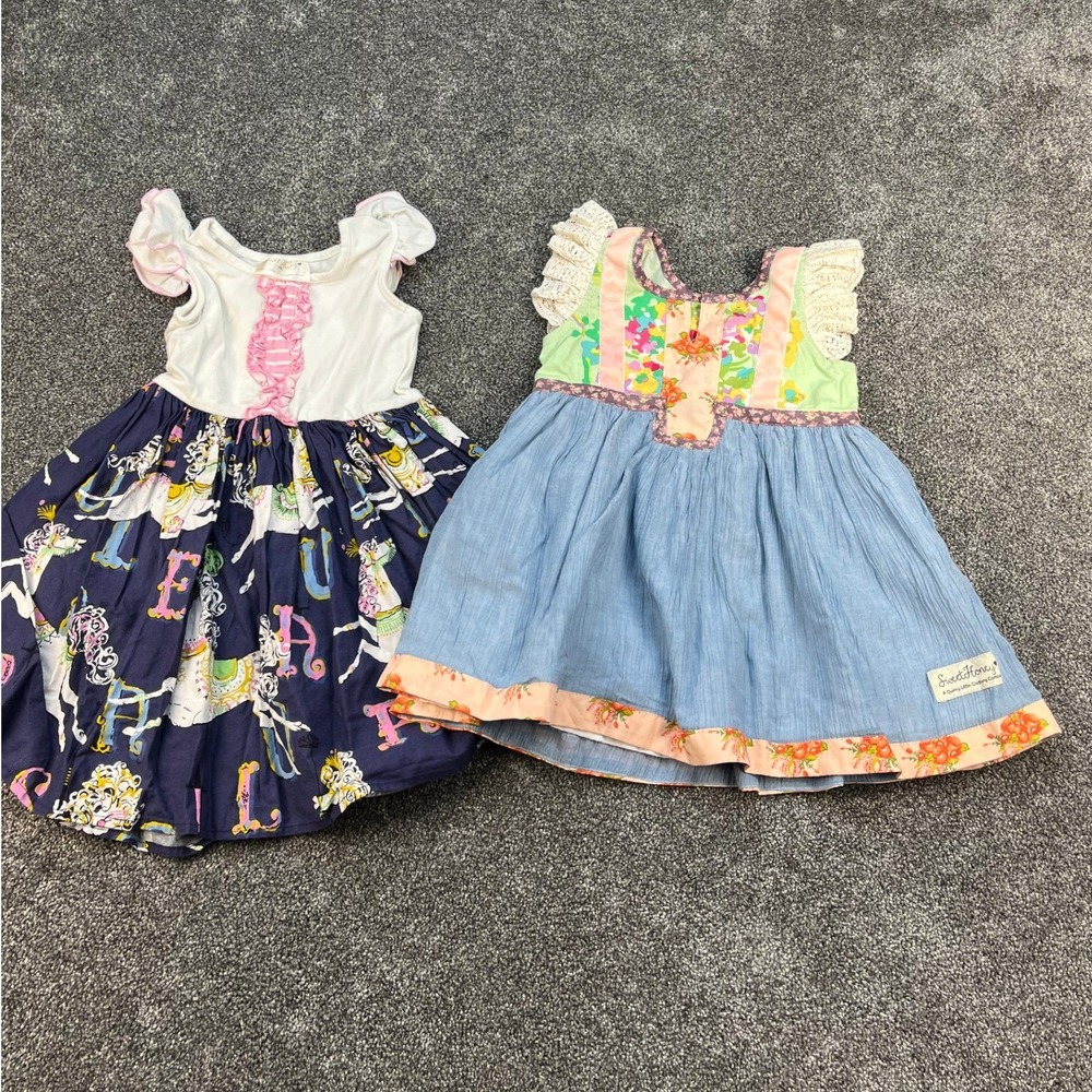 SweetHoney Dress Set Carousel Horse Ruffle & Floral Flutter Sleeve Girls Size 4
